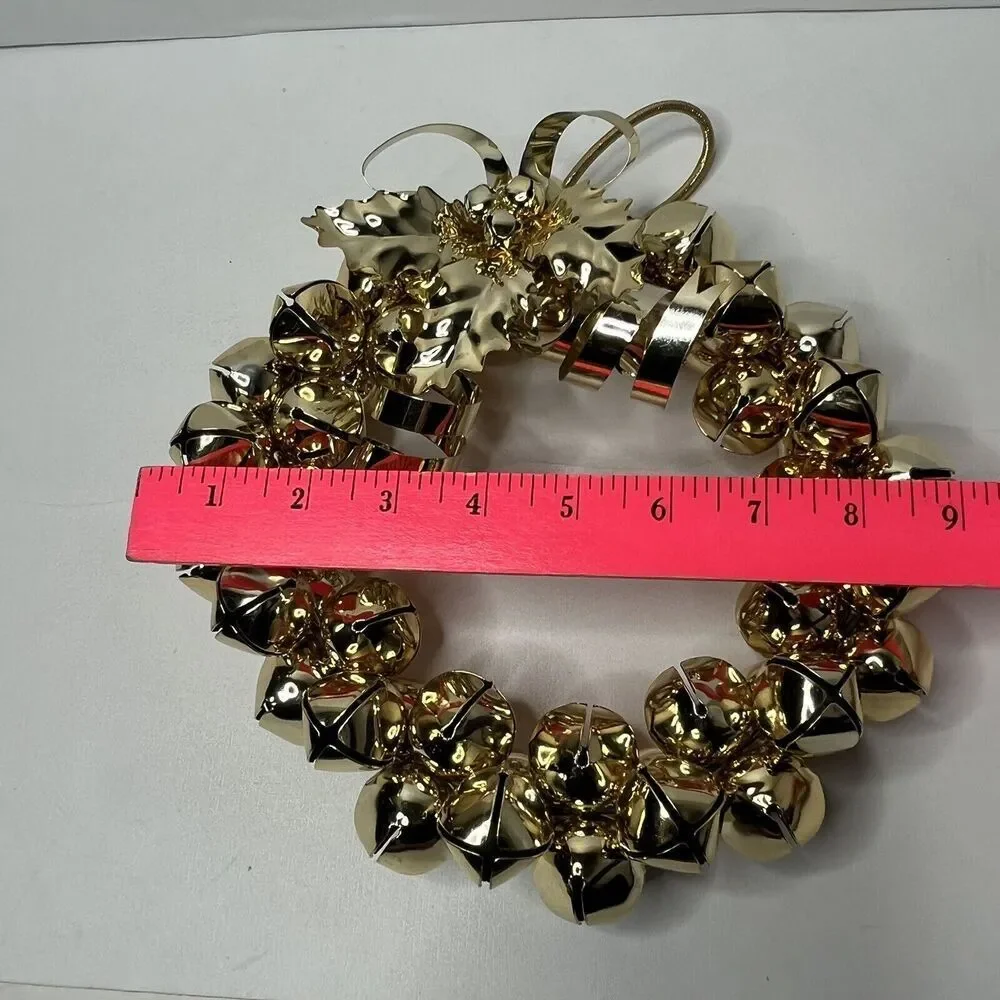 Christmas Gold Metal Holly Leaves Jingle Bells Wreath 9”
